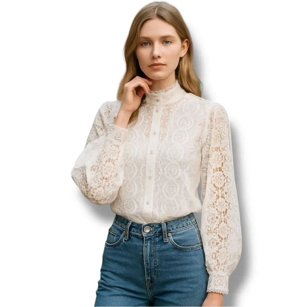 Victorian White Cut Out Puff Sleeve Cotton Linen Blouse Medium NWT - Picture 3 of 6